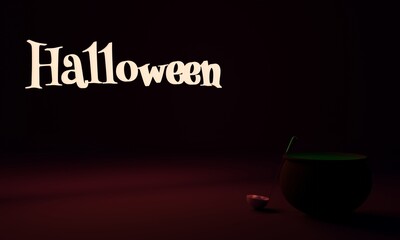 3d rendering. Witch's cauldron with green potion for halloween invintation.
