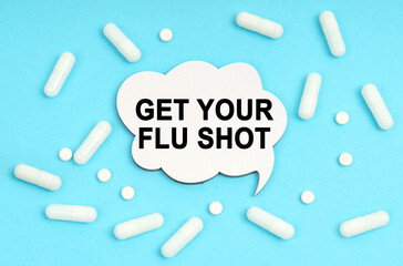 On a blue background pills and a plate. Inside the sign it says - GET YOUR FLU SHOT