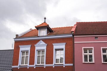 Facade  of an old residential building on the street of the city, the historical center of Poland