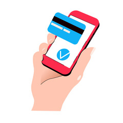 Pay by phone. Hand with smartphone online banking. Shopping by phone and connected card.