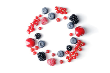set of different berries on a white background, such as strawberries, cherries, raspberries, blueberries, currants, blueberries.