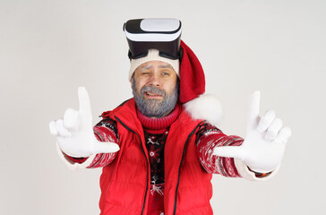 Santa Claus put on virtual glasses and shows hand gestures.