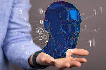 Abstract polygonal human face, 3d illustration of a cyborg head construction