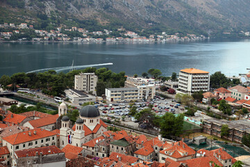 View of Kotor Old Town from Kotor Fortress in Kotor, Montenegro. Kotor is part of the UNESCO World Heritage Site.