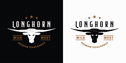 longhorn buffalo, cow, logo design badge vintage style - obrazy, fototapety, plakaty