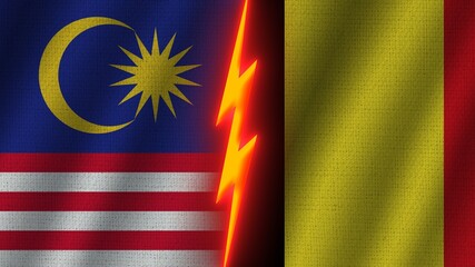 Belgium and Malaysia Flags Together, Wavy Fabric Texture Effect, Neon Glow Effect, Shining Thunder Icon, Crisis Concept, 3D Illustration