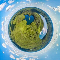 Fototapeta premium Two lakes in the forest. Famouses belorussian lakes. Little planet panorama 360 degrees. Drone aerial shot