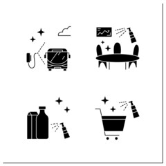  Surface disinfection glyph icons set.Disinfection at public spaces. Safety space and preventative measures. Preventing virus spread concept.Filled flat signs. Isolated silhouette vector illustrations