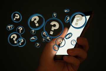 Businessman solving problem with digital question marks 3D rendering