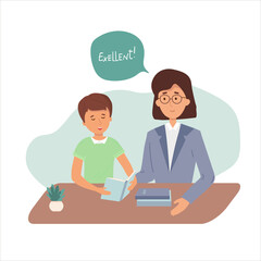 Boy student is reading at home. learning lesson with help of teacher, mom. Child is doing homework. tutor helps with solving tasks. Home school, online education, knowledge concept. Vector flat