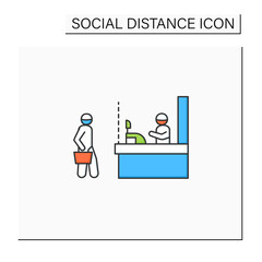 Shop social distance color icon. Consumer keeping safe physical distance at the shop counter. Concept of safe shopping during corona virus pandemic. Isolated vector instructive illustration
