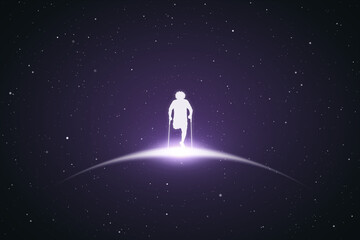 Man on crutches. Disabled man silhouette. Glowing outline in space