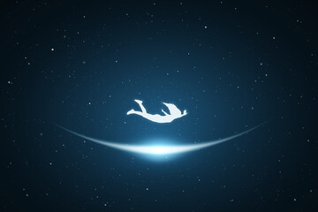 Fototapeta na wymiar Falling girl. Lonely woman fly in dream. Glowing outline in space