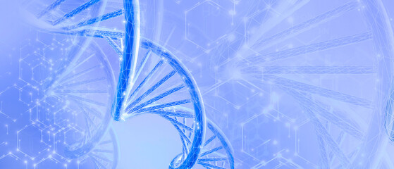 3D illustration DNA sequence and COVID-19 infection virus cells. Abstract image coronavirus. World pandemic delta variant on planet Earth. Violet Background