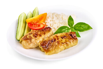 Stuffed cabbage rolls with rice, isolated on white background.