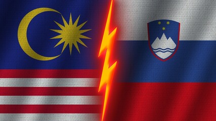 Slovenia and Malaysia Flags Together, Wavy Fabric Texture Effect, Neon Glow Effect, Shining Thunder Icon, Crisis Concept, 3D Illustration