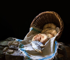 Five loaves and two fish in a basket