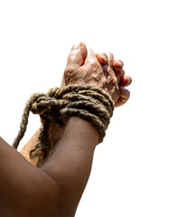Rope tied hands on sky background