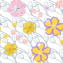 Pink Flowers Blooming Pattern. Pastel Watercolor.
