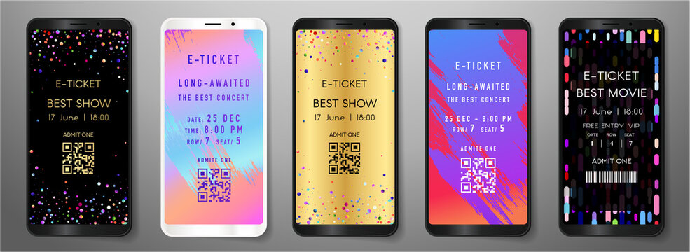 Admission e-ticket template set. Contemporary entrance ticket with colorful paint pattern on background. Vector design template for concert event, music performance, exhibition, holiday show, app