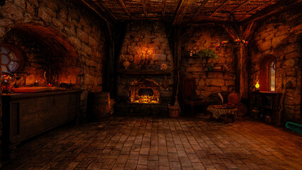 3D rendering of a fantasy witch's cottage interior lit by candles with fire burning under a cauldron in a fireplace. - obrazy, fototapety, plakaty