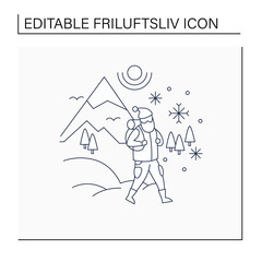 Friluftsliv line icon. Hiking. Snowy weather. Man walking. Mountain winter landscape.Nordic outdoor activities concept.Isolated vector illustration.Editable stroke