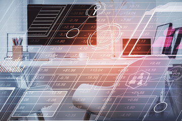 Double exposure of data theme drawing and office interior background. Concept of technology.