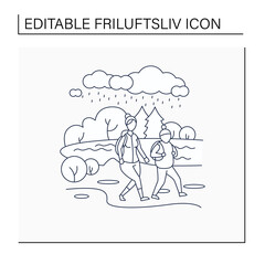 Friluftsliv line icon. Family hiking. Mom and son walking near river. Park landscape.Nordic outdoor activities concept.Isolated vector illustration.Editable stroke
