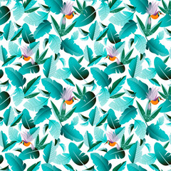 Seamless pattern with large tropical leaves and hummingbird birds on a white background. Botanical illustration for decor, postcards, packaging, clothing