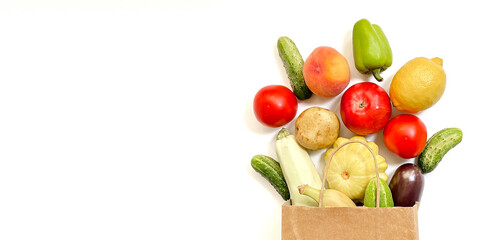 shopping, online, delivery, service, concept, vegetables, fruits, paper, bag, tomato, cucumber, squash, pepper, lemon, eggplant, zucchini, banana, peach, grocery, background, supermarket, fresh, food