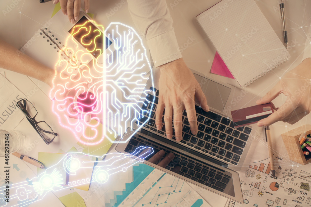 Poster Double exposure of man's hands typing over computer keyboard and brain hologram drawing. Top view. Ai and data technology concept.