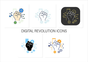 Digital revolution icons set. Fist up. Support transition from analog technologies. Digital transformation concept.Collection of icons in linear, filled, color styles.Isolated vector illustrations 