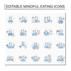 Mindful eating line icons set. Conscious, intuitive nutrition. Eating habits. Hunger signals. Mealtimes concept. Isolated vector illustration.Editable stroke