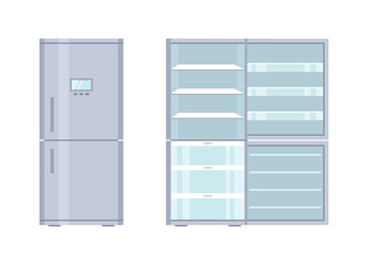 Fridge. Open and closed refrigerator with freezer. Empty fridge with door and shelf for kitchen. Inside modern machine for storage and cold of products. Cartoon illustration in flat stele. Vector