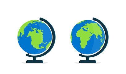 Globe with stand. World on globus for classroom and school. Icon of map on desk. Model of earth with axis. Flat globe isolated on white background. Icon for education, travel and geography. Vector