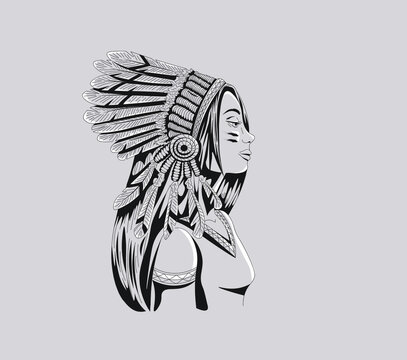 Apache girl sketch wearing a traditional male clothes and feathers. Tattoo design, line art, white flares, gray background. Culture and religion.