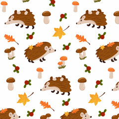 Autumn pattern. Seamless background with autumn elements, leaves, hedgehog, mushrooms, lingonberries. Vector illustration cartoon style.