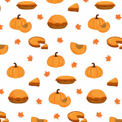 Autumn pattern. Seamless background with autumn elements for Thanksgiving. Pumpkin pie with pumpkin, autumn leaves. Vector illustration cartoon style.
