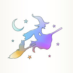 Watercolor Soft Witch, Fly Broom Icon Vector Illustration Design Artistic Paint Texture Symbol Hand Drawn. 