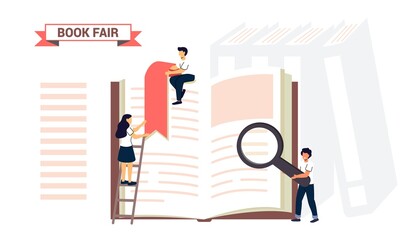 Book fair or Book festival Students woman and man reading, learning and sitting on big books Bookcase Bookshelf Literature event concept Library Bookstore Shop Advertising World Book Day