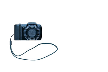 small-sized camera with a woven fabric strap isolated on white background