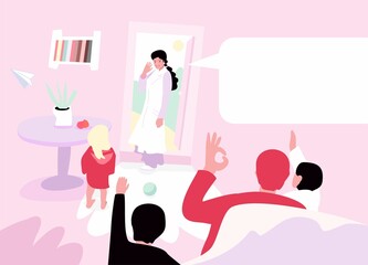 A happy family. vector illustration. The woman leaves and says goodbye. The girl says. Free space for text. For the poster, poster. postcards.