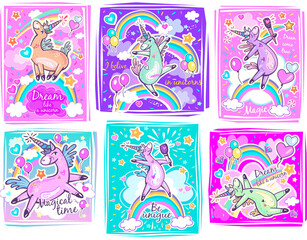 Fototapeta premium Posters set with Unicorns and Inspiring Quotes