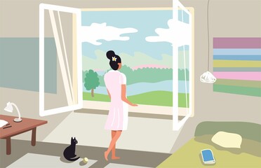 Girl looks out window. Vector illustration. Nice view from window to river. Apartment on first line. Aesthetics interior comfort. Home comfort. Interior design. Tree outside the window.