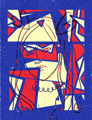 Contemporary art poster. Abstract shapes in red, light yellow and, blue with a drawing of a girl on top.