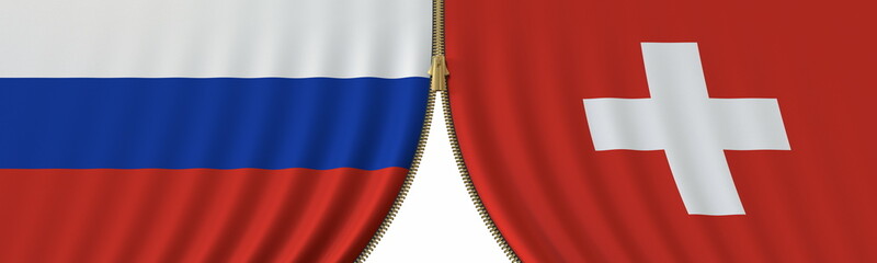 Russia and Switzerland cooperation or conflict, flags and closing or opening zipper between them. Conceptual 3D rendering