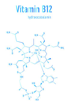 Hydroxocobalamin vitamin B12 molecule. Often given therapeutically in case of B12 deficiency. Skeletal formula.