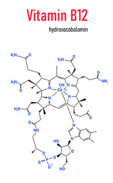 Hydroxocobalamin vitamin B12 molecule. Often given therapeutically in case of B12 deficiency. Skeletal formula.