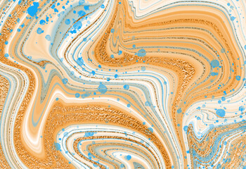 Abstract orange marble with gold and blue spots for wallpaper design. Vector abstract shiny pattern. Elegant design. Light orange background. Vector cover. Luxurious golden marble texture.