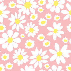Fototapeta na wymiar All-over vector seamless repeat pattern with white daisies of different shapes tossed on a pink background